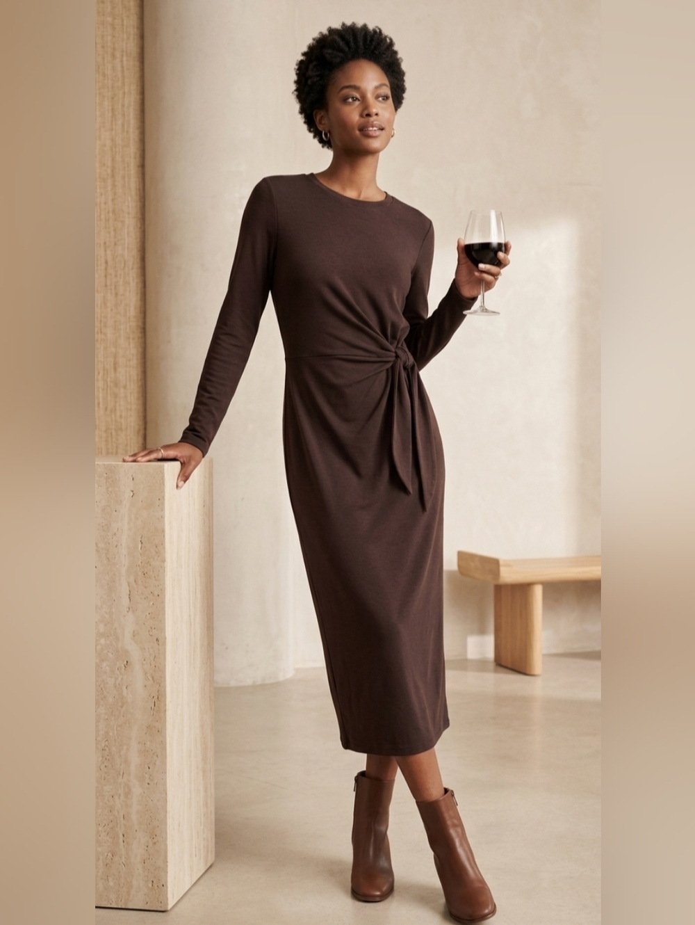 Kit And Ace Brushed Long Sleeve Tie Front Midi Dress Chocolate Brown
